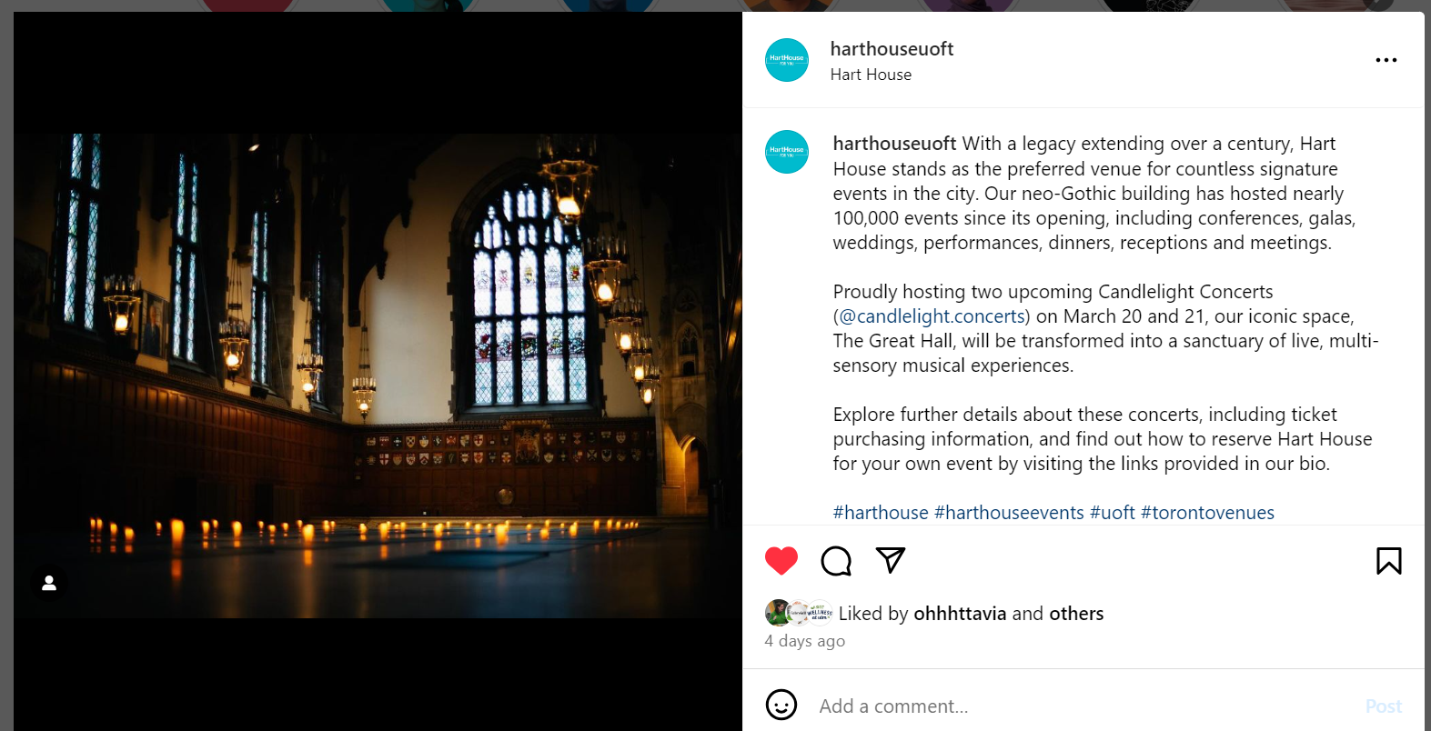 Great Hall of Hart House with a circle of candles - from the Hart House Instagram account